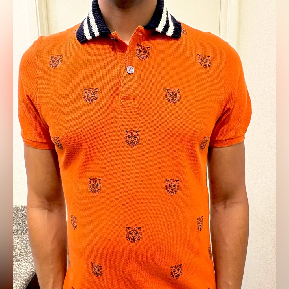 Gucci Orange Polo Shirt with Navy Blue Tiger Print